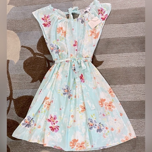 Lauren Conrad Aqua Floral Pleat Neck A-line Mini Dress Waist Tie Back Neck Tie - Picture 3 of 8